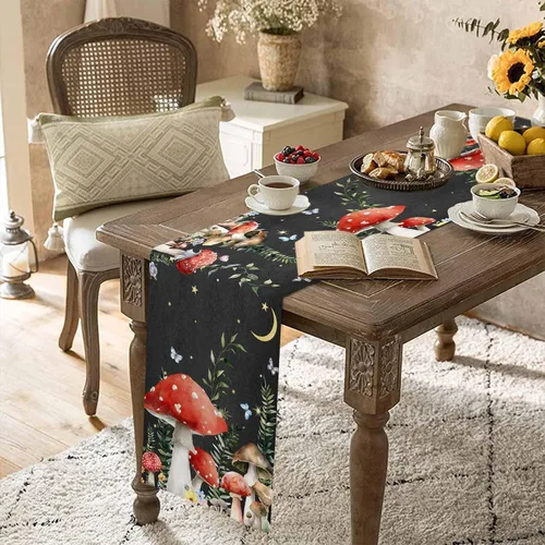 Miniatura 4 de Camino de mesa de lino y algodón con hongos de granja, luna nocturna y estrellas, bufanda negra de 13 x 60 pulgadas, lavable para cocina, comedor