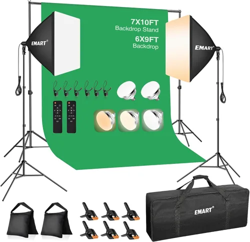 Miniatura 10 de EMART Sistema de soporte de telón de fondo de 8.5 x 10 pies, kit de iluminación profesional para fotografía con bombilla LED de 50 W, telón de fondo