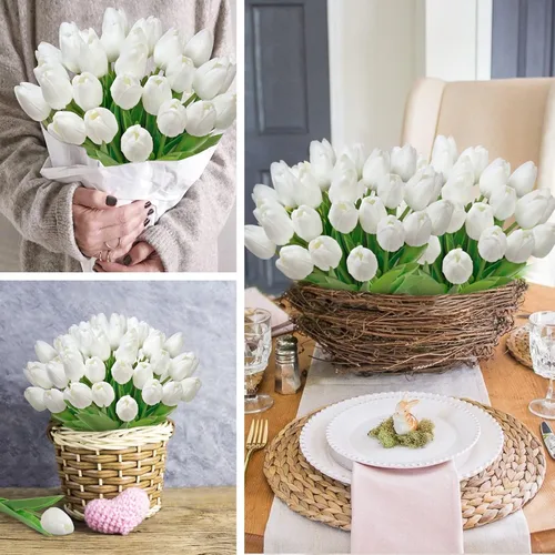 Miniatura 5 de Ouddy Decor 30 piezas de tulipanes blancos artificiales de poliuretano de tacto real, tulipanes falsos para primavera y verano, ramo floral, mesa