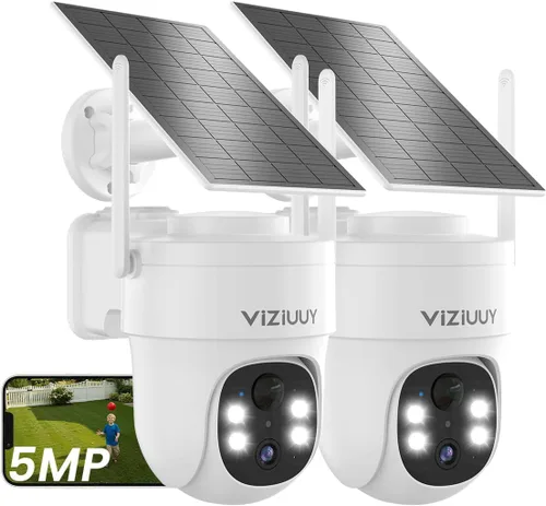 VIZIUUY Cámara de seguridad solar de 5 MP para exteriores, cámara de seguridad inalámbrica alimentada por batería con vista de 360°, panorámica e