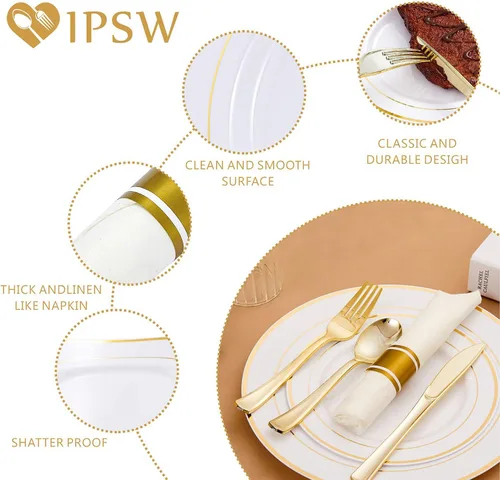 Miniatura 3 de Platos de plástico dorado y cubiertos desechables con servilletas enrolladas, vajilla resistente para fiestas en casa, incluye platos llanos