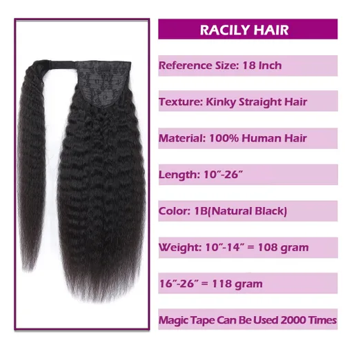 Miniatura 2 de Extensión de Cola de Caballo de Cabello Humano Kinky Recto con Pasta Mágica Envolvente de 30,48 cm, Cabello Natural Negro Brasileño, Extensiones