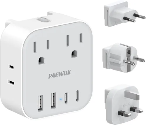 Juego de adaptadores de enchufe de viaje europeo, adaptador de viaje 8 en 1 con 4 tomas, 4 puertos USB (2 USB C), adaptador de viaje universal de