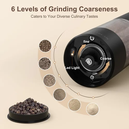 Miniatura 3 de Ultrean Molinillo de pimienta, molinillo de sal y pimienta recargable con 6 grosores ajustables, luz LED, molinillo automático para cocina