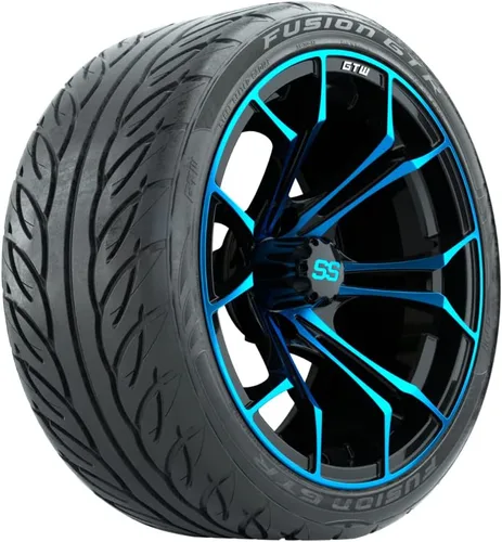 GTW Combo de ruedas y neumáticos para carrito de golf de 15 pulgadas | Ruedas Spyder azul/negro en neumáticos Fusion GTR Street 215/40-R15 (22") |