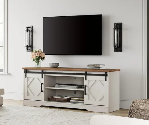 Miniatura 4 de WAMPAT Moderno soporte de TV de granja para televisores de hasta 65 pulgadas con puertas corredizas de granero, centro de entretenimiento de madera