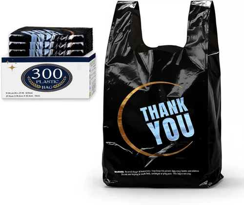Miniatura 9 de YoYoRain 50 Unidades Bolsas de Plástico - Bolsas Negras Tipo Camiseta con Asa para Compras Minoristas y Uso en Supermercados