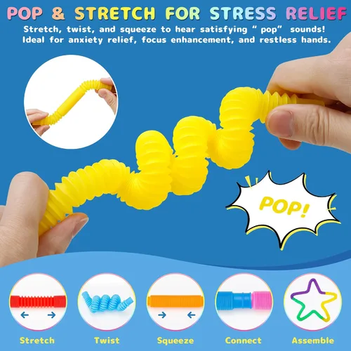 Miniatura 3 de Juguetes Sensoriales Pop Tubes – Paquete de 30 Juguetes Fidget Elásticos con 10 Colores, Juguetes para Aliviar el Estrés para Niños y Adultos