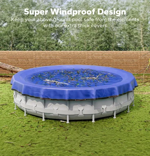 Miniatura 4 de POOLHACKER Cubierta redonda de piscina de 8 pies para piscinas sobre el suelo, cubierta de piscina resistente al viento con cable de acero y sistema