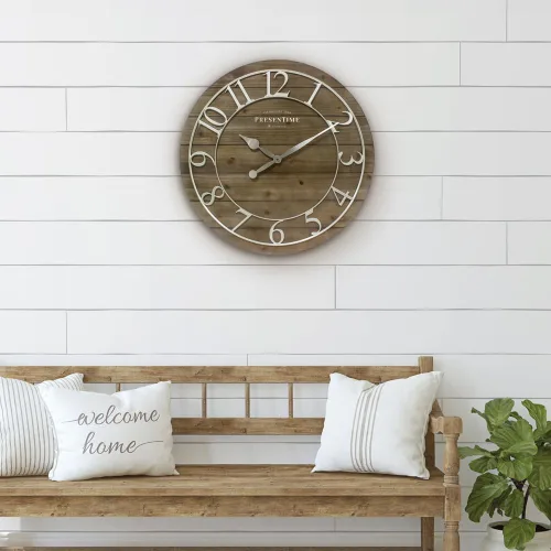 Miniatura 3 de Presentime & Co - Reloj vintage de granja Shiplap de 19.5 pulgadas, números arábigos plateados con estilo Shiplap de madera de pino desgastado.