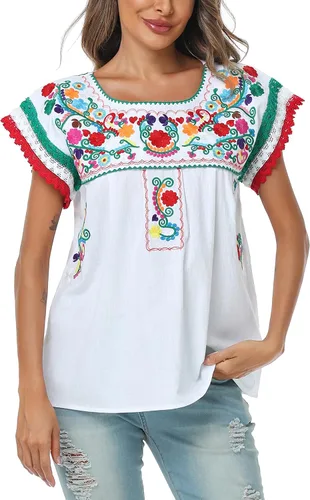 Miniatura 2 de YZXDORWJ Blusa tradicional colorida con encaje bordado mexicano para mujer, camiseta tricolor para el día de la independencia mexicana