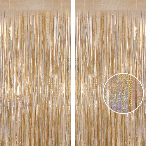 Cortinas de flecos de papel de oropel color champán, paquete de 2 cortinas metálicas con purpurina de 3.3 x 8.2 pies, telón de fondo champán para
