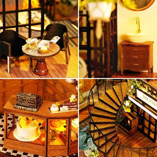 Miniatura 4 de Roroom Kit de casa de muñecas en miniatura y muebles, modelo de casa de muñecas de madera en 3D con cubierta a prueba de polvo y movimiento musical