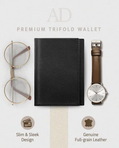 Miniatura 38 de Billetera de triple pliegue con RFID, cuero genuino, delgado, con ventana de identificación, bolsillo frontal, regalo para hombre