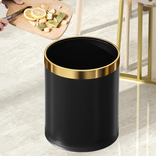 Miniatura 2 de 14L/3.7GAL Papelera negra y dorada, papelera de oficina con tapa abierta, papelera de metal, papelera dorada sin tapa para oficina, hotel, tienda