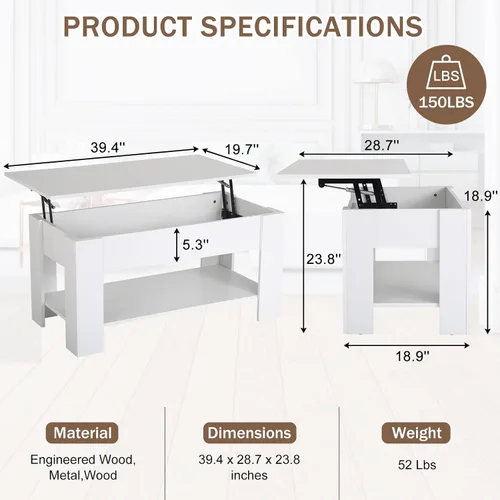Miniatura 2 de Mesa auxiliar moderna, blanca, elevadora, madera, estante de almacenamiento, 28 x 28 x 24 pulgadas Blanco