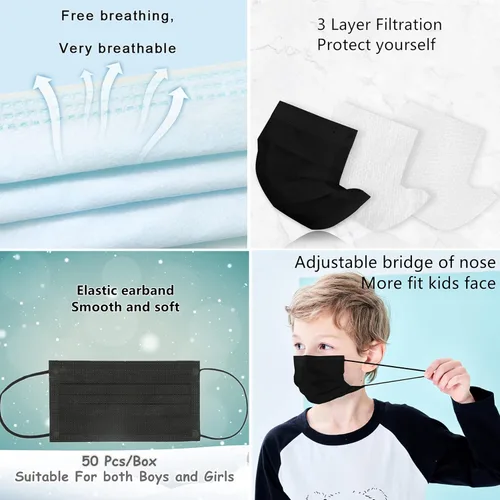 Miniatura 3 de Mascarillas Faciales Desechables para Niños Paquete de 50 Edades 5-12 Filtro Mascarillas Faciales de Seguridad de 3 Capas para Niños Uso Diario.
