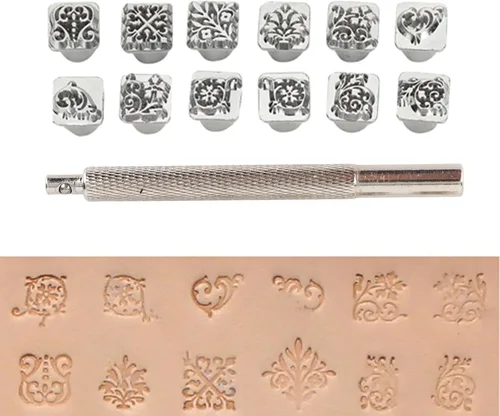 Miniatura 2 de Herramienta de sello de cuero, 12 piezas de estampado de cuero, herramientas de fabricación de manualidades, diseño de flores, patrón de estampado