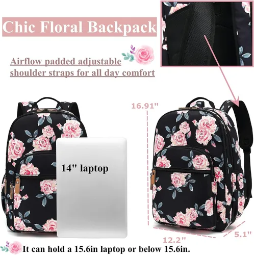 Miniatura 17 de Leaper Mochila para laptop para mujer: linda mochila floral para escuela, universidad, viajes, trabajo, mochila ligera para niños, Negro margarita