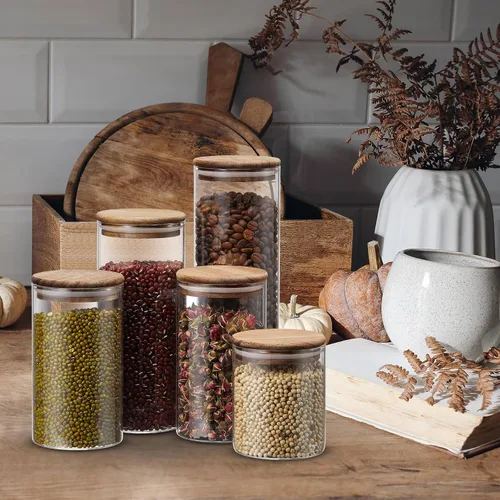 Miniatura 6 de Qinyoung Tarros de almacenamiento de vidrio con tapas de madera, 4 tamaños, recipientes de almacenamiento de alimentos, recipientes transparentes