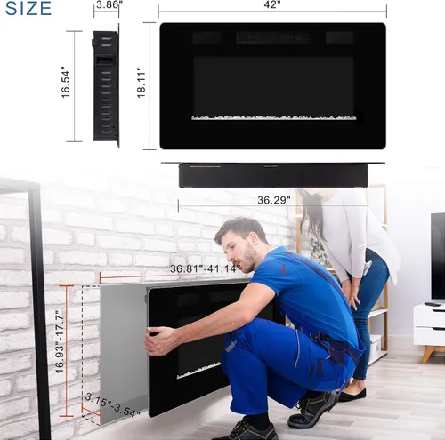 Miniatura 6 de Chimenea eléctrica de 42 pulgadas empotrada en la pared y montada en la pared, calentador de chimenea de 1500 W y chimenea lineal