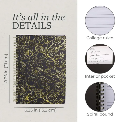 Miniatura 4 de Steel Mill & Co - Lindo cuaderno en espiral negro, diario de 8.25 x 6.25 pulgadas con tapa dura duradera y 160 páginas forradas, diseño floral