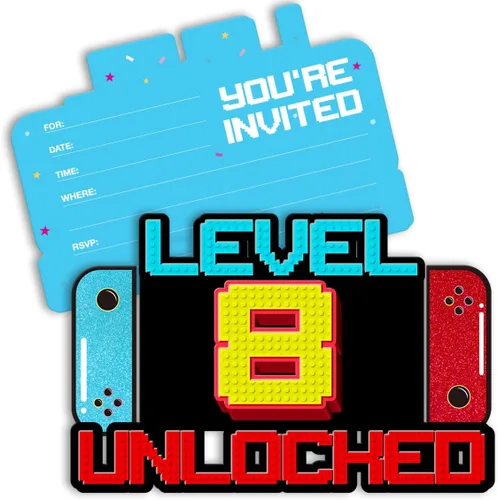 Miniatura 7 de Invitaciones de cumpleaños de videojuegos para niños de 7 años, invitaciones de cumpleaños para niños con purpurina, invitaciones de fiesta