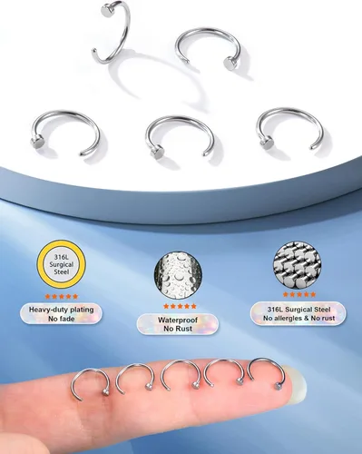 Miniatura 12 de FIBO STEEL - 5 piezas de acero inoxidable, 18G a 22G, joyería corporal, piercing de nariz para mujer