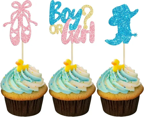 Miniatura 17 de Gyufise 24 piezas de decoración de cupcakes para niños o niñas, tutús para retoque de género, decoración de rugby para fiesta de revelación