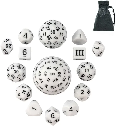 Miniatura 13 de Juego completo de 15 dados poliédricos DND D3-D100 con bolsa de dados de ojo de dragón, dados D100 para juegos de mesa RPG (negro con números azules)