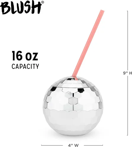 Miniatura 3 de Blush Taza de bola de discoteca plateada con pajitas para fiestas, 16 onzas, lindo vaso de bebida de bola de cóctel con purpurina brillante