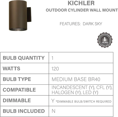 Miniatura 3 de Kichler 9236AZ - Lámpara de pared cilíndrica para exteriores, bronce 1 luz (6 pulgadas de ancho x 8 pulgadas de alto) 120 vatios