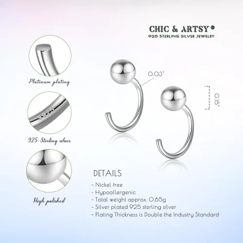 Miniatura 5 de Aretes de medio aro, aretes de aro pequeños de plata de ley 925 de bola, barra, estrella, luna, corazón, cruz, punto, triángulo, aretes