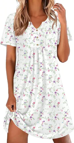 Miniatura 20 de Ekouaer Camisones para mujer de algodón Vestidos de noche Plisados Camisones Henley Cuello en V Camisas de dormir de manga corta Ropa de dormir