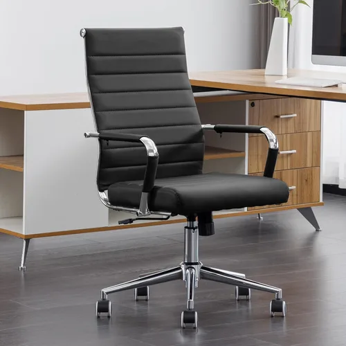 Miniatura 2 de Okeysen Sillas de sala de conferencias negras, silla ergonómica moderna de escritorio de piel sintética acanalada para oficina, silla giratoria