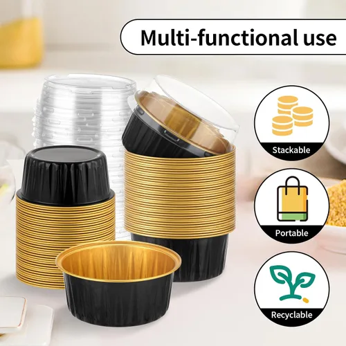 Miniatura 4 de Paquete de 200 recipientes de aluminio para cupcakes, tazas de postre de 5 onzas con tapas, mini moldes para pasteles con tapas para regalo, 100