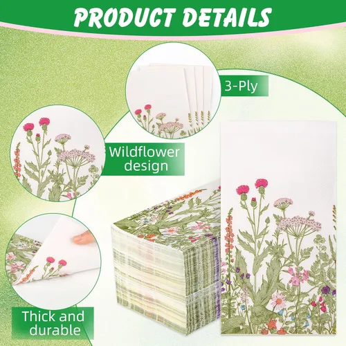 Miniatura 3 de 100 servilletas de papel de flores silvestres desechables florales de 3 capas, servilletas vintage botánicas de hojas verdes, hierbas, toalla