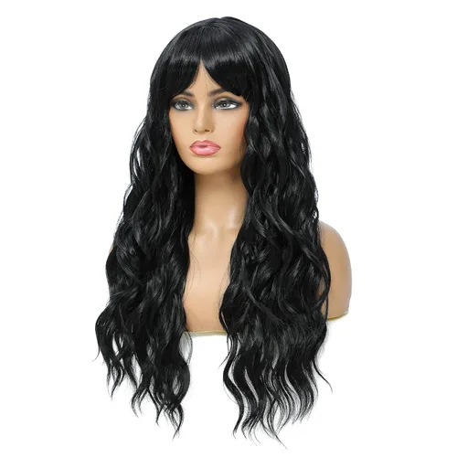 Miniatura 4 de SWACC Peluca larga y rizada ondulada con flequillo peluca de pelo sintético para mujeres con gorra de peluca (negro)