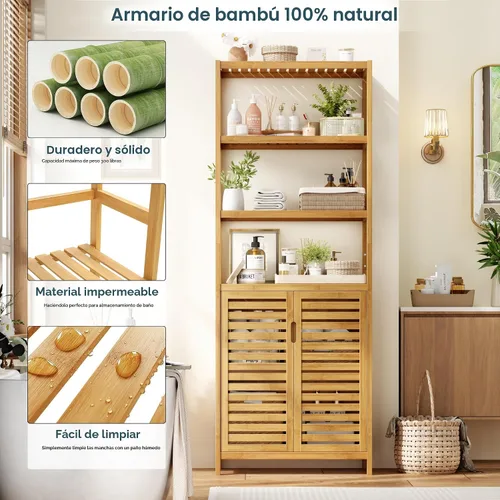 Miniatura 4 de HIFIT Armario alto de almacenamiento para baño, gabinete de baño estrecho de bambú de 66 pulgadas con 2 puertas y estantes abiertos de 4 niveles