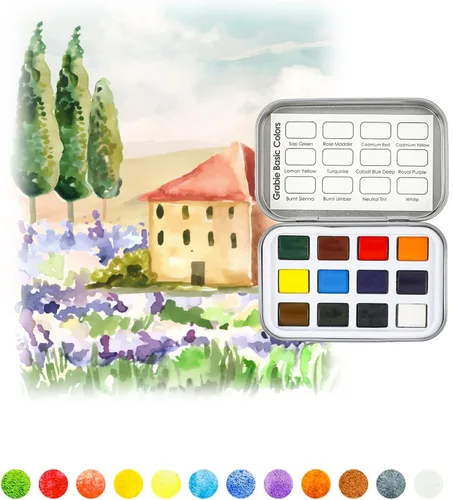 Miniatura 3 de Grabie Juego de 12 acuarelas de bolsillo, juego de pintura de acuarela de viaje, pinturas de acuarela, suministros de arte para pintura, gran juego