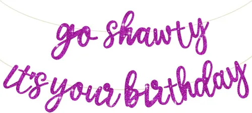 BEISHIDA Pancarta Purple Go Shawty It's Your Birthday - SIN DIY - Pancarta de Feliz Cumpleaños con Purpurina Temática Hip Hop - Pre-Ensartada -