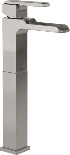 Delta 768LF Ara - Grifo de baño de cascada de un solo orificio con elevador, menos montaje de drenaje emergente de metal, acero inoxidable brillante
