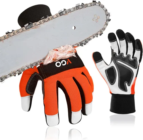 Miniatura 8 de Vgo... Guantes de motosierra, protección de motosierra de 12 capas en la parte posterior de ambas manos, guantes de trabajo de cuero, guantes