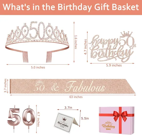 Miniatura 7 de Decoraciones de 50 cumpleaños para mujer, que incluyen banda y corona de 50 cumpleaños, adorno para pastel y velas, regalos de 50 años para mujer