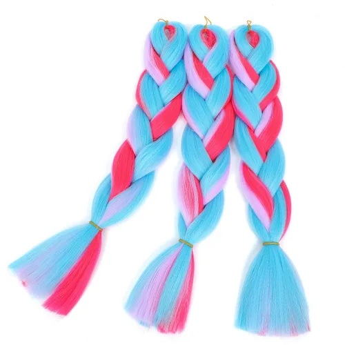 Miniatura 6 de 3 piezas de cabello trenzado de color azul y rosa para niña, cabello de color para trenzar de 24 pulgadas (rosa intenso-azul-morado)