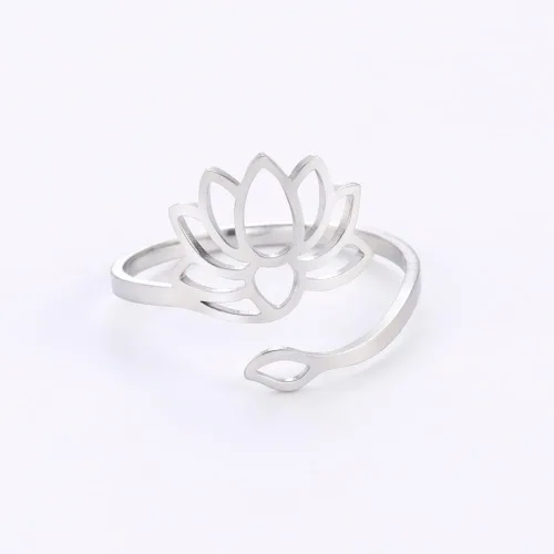 Miniatura 5 de kkjoy Anillo de yoga de flor de loto de acero inoxidable con diseño de loto ajustable, anillo de dedo abierto, regalo inspirador para mujeres