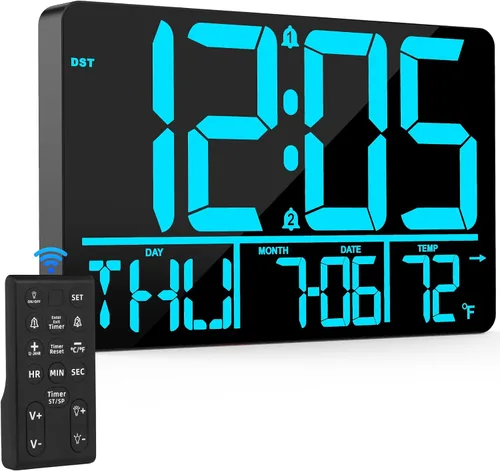 PERSUPER Reloj de pared digital de 13 pulgadas con control remoto, 25 tonos de llamada, temperatura, calendario, 0-100% brillo automático o