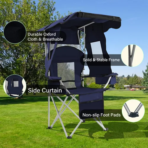 Miniatura 4 de Sillas de camping con toldo, silla de césped portátil cuádruple para adultos, silla reclinable plegable con portavasos para eventos al aire libre