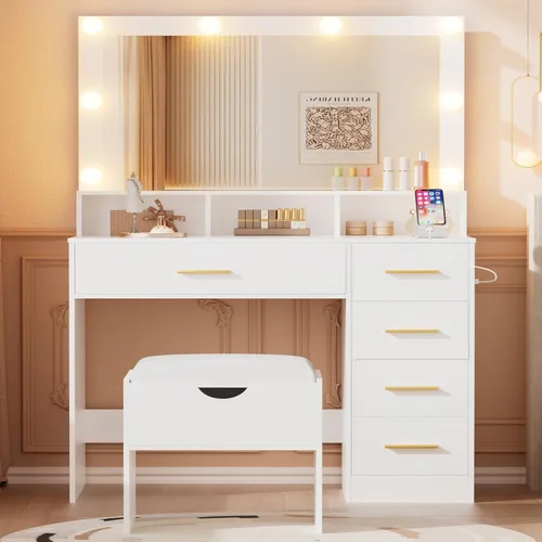 Miniatura 15 de ERLEJIA Escritorio de tocador con espejo y luces, tocador de maquillaje grande de 43 pulgadas con 9 cajones, 3 estantes abiertos, iluminación LED
