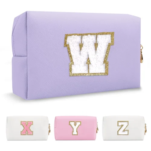Miniatura 136 de Pequeña bolsa de maquillaje personalizada con inicial A-Z Preppy Patch, bolsa de cosméticos de viaje de felpilla blanca con cremallera, bonita bolsa